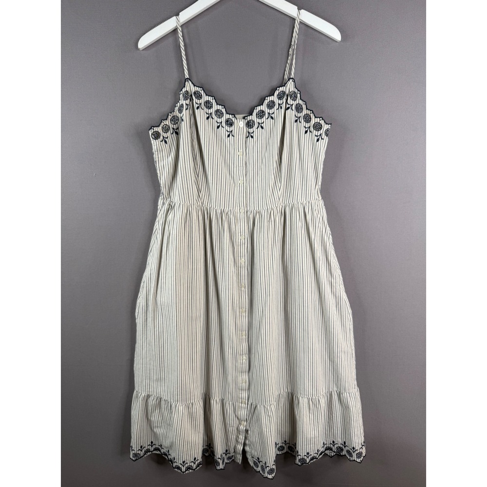 Madewell Jardin Stripe Midi Dress Womens 8 Cream Navy Blue Eyelet Embroidered